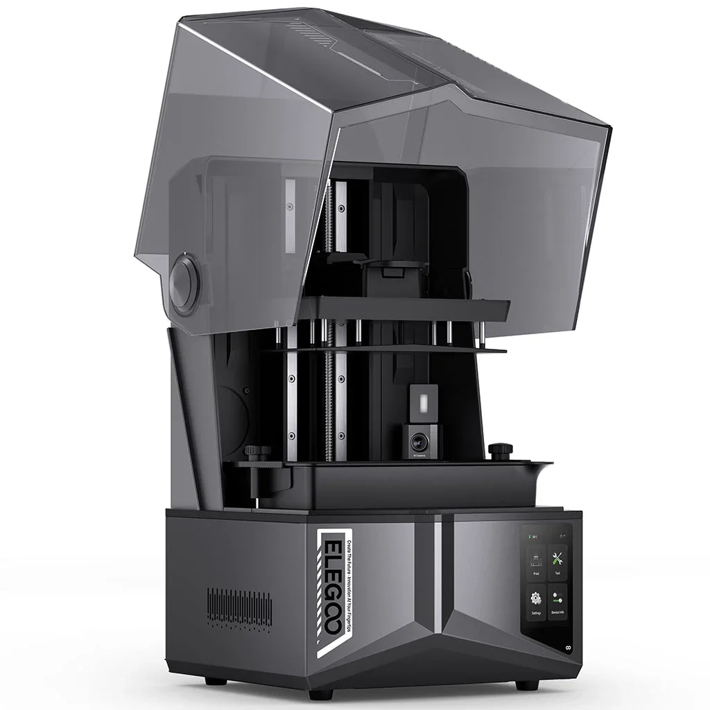 Elegoo Saturn 4 Ultra 16K with door open showing AI camera and internal Z-axis mechanism