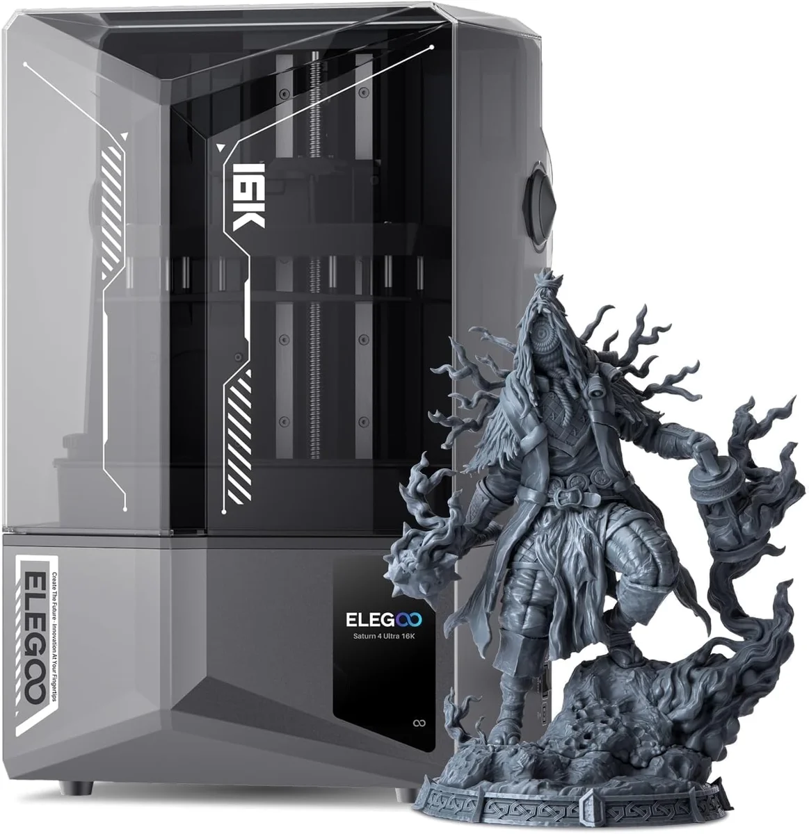 Elegoo Saturn 4 Ultra 16K next to a highly detailed miniature figure printed on the machine