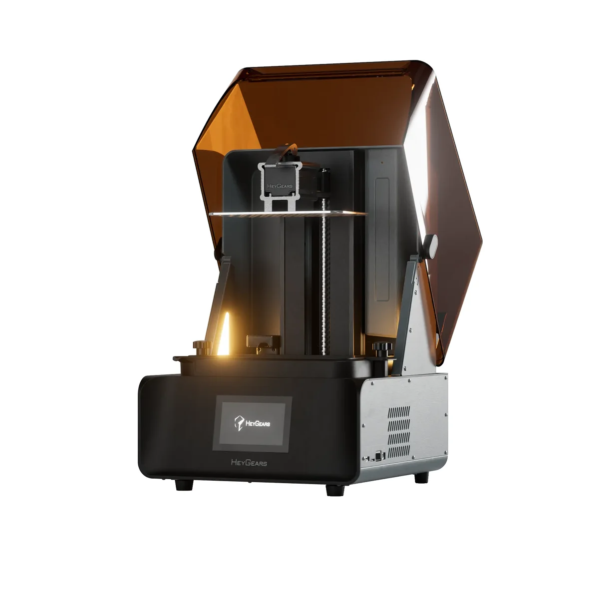 HeyGears Reflex RS side profile showing the amber cover and Z-axis build platform