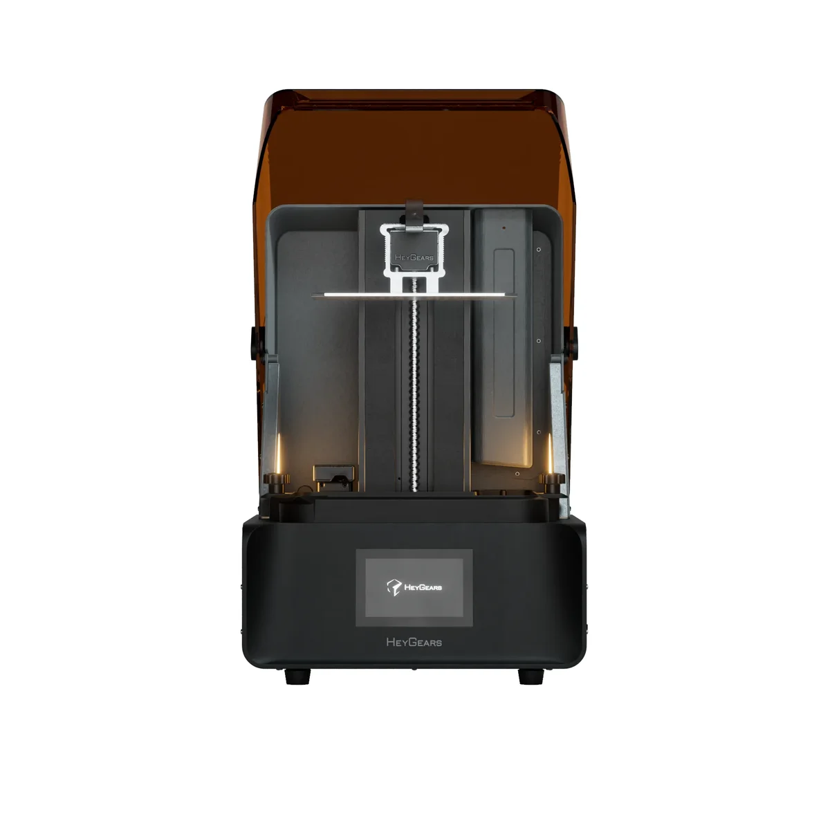 HeyGears Reflex RS front view with cover open, showing the touchscreen, build plate, and Z-axis rail
