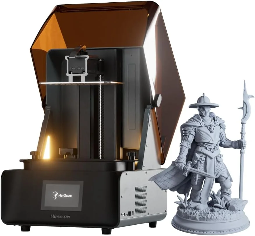 HeyGears Reflex RS printer alongside a detailed resin-printed knight miniature