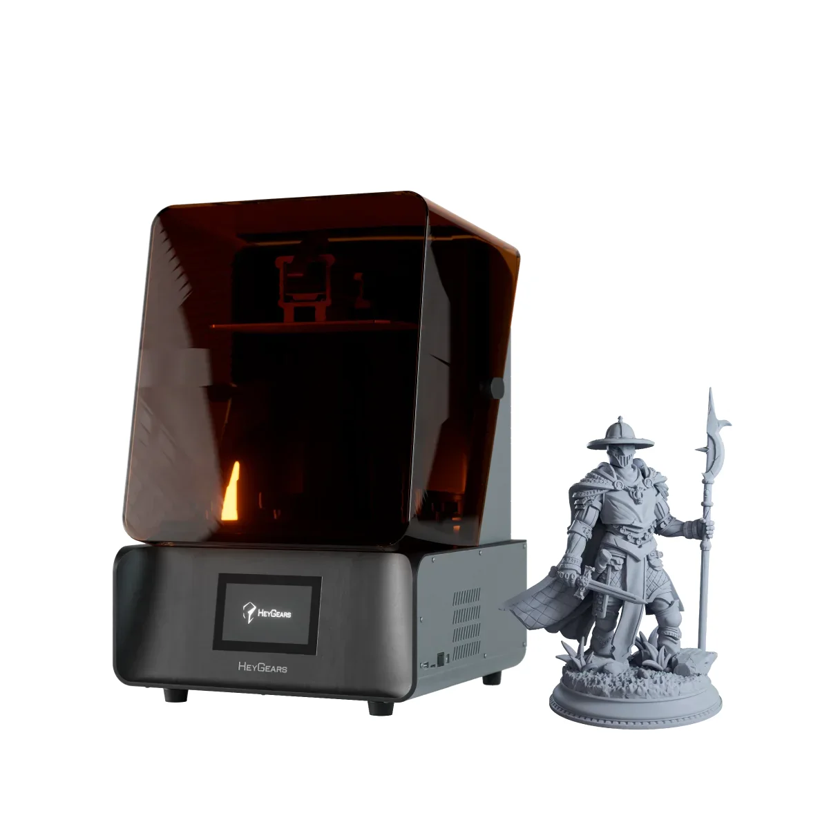 HeyGears Reflex RS resin 3D printer with printed fantasy miniature, front 3/4 view