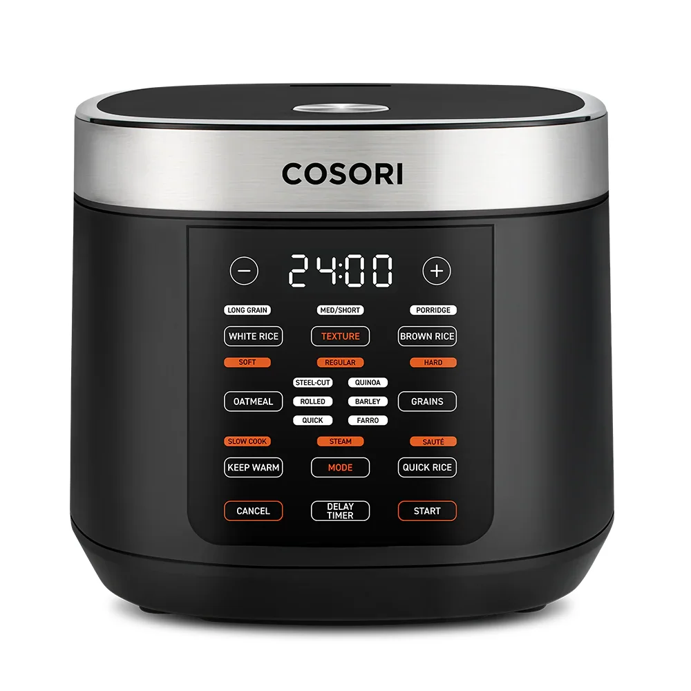 Cosori 5.0 Quart Rice Cooker front view showing the black stainless-steel body and 18-function LED touch display