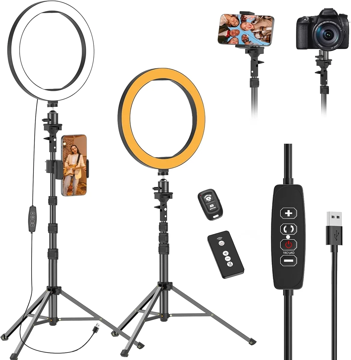 EMart 10-Inch Selfie Ring Light complete kit layout with two tripod configurations, cool-white and warm-orange ring modes, dual remotes, control box, and USB cable