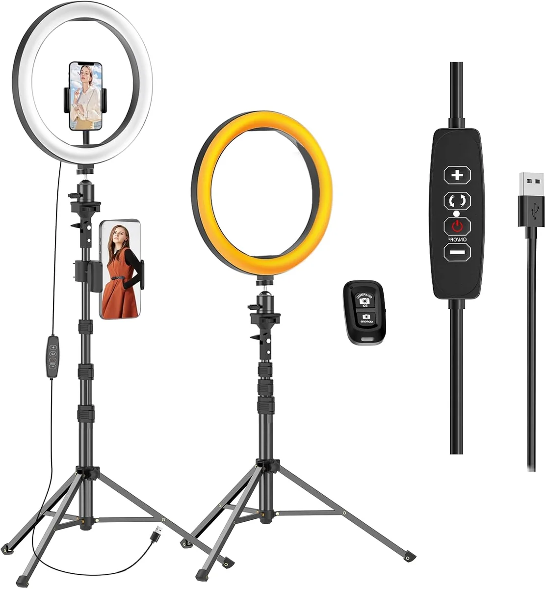 EMart 10-Inch Selfie Ring Light flat-lay showing ring in both cool and warm modes, tripod, phone holder, remotes, and USB cable on white background