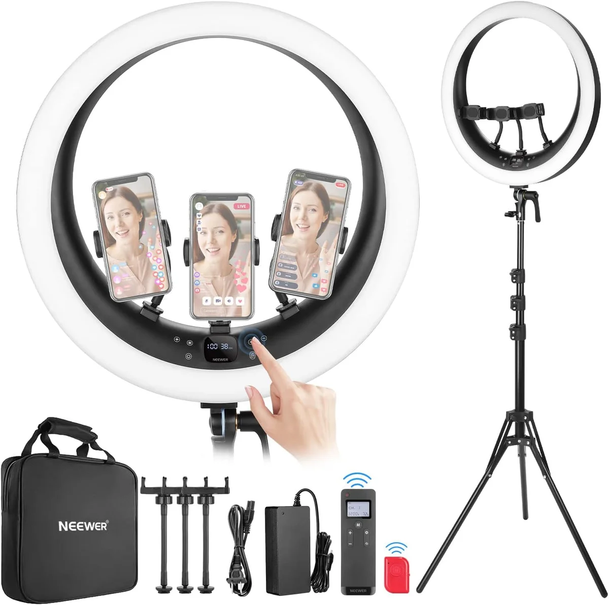 Neewer RP19H ring light frontal close-up with three phones mounted for multi-platform streaming, tripod and accessories shown
