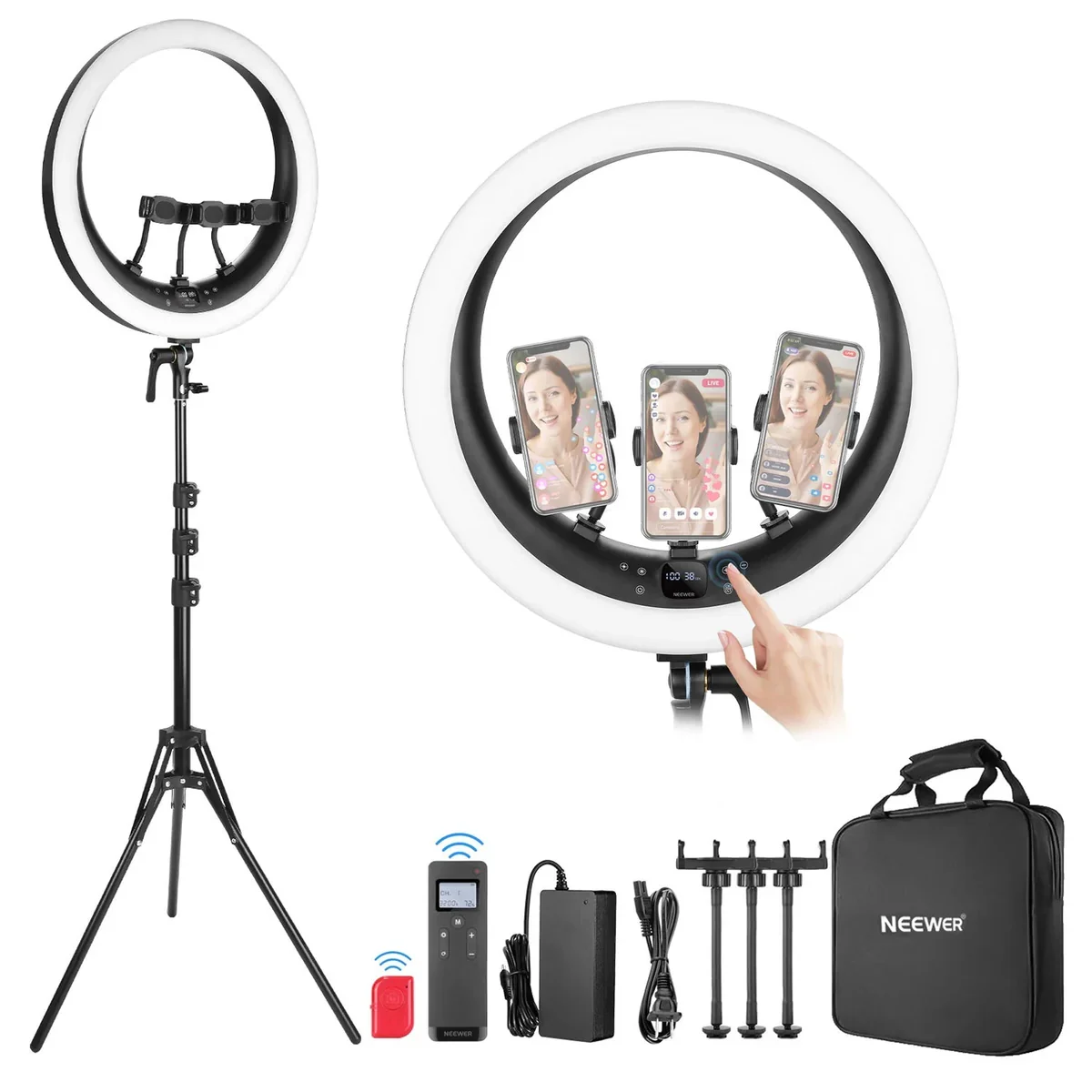 Neewer RP19H 19-Inch LED Ring Light Kit showing full kit with tripod stand, three phone holders loaded, carry bag, remote, and accessories on white background