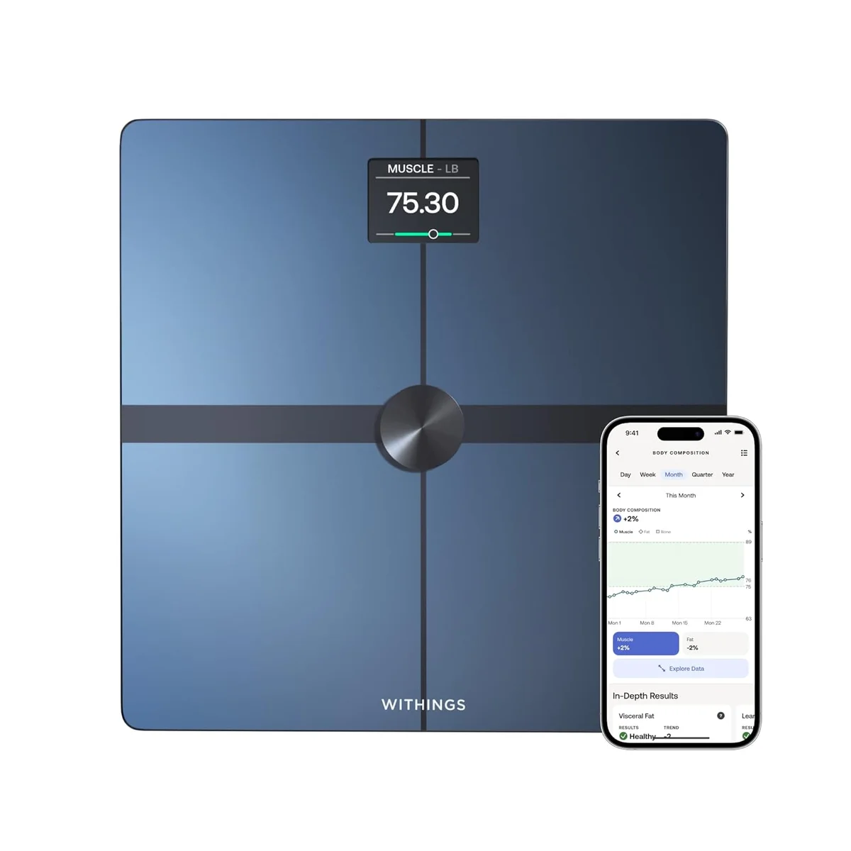 Withings Body Smart black scale with Health Mate app showing body composition trends on iPhone