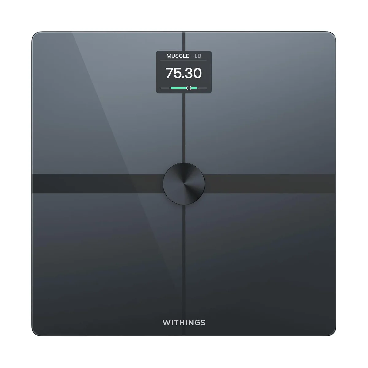 Withings Body Smart black smart scale front view with color display showing muscle metric