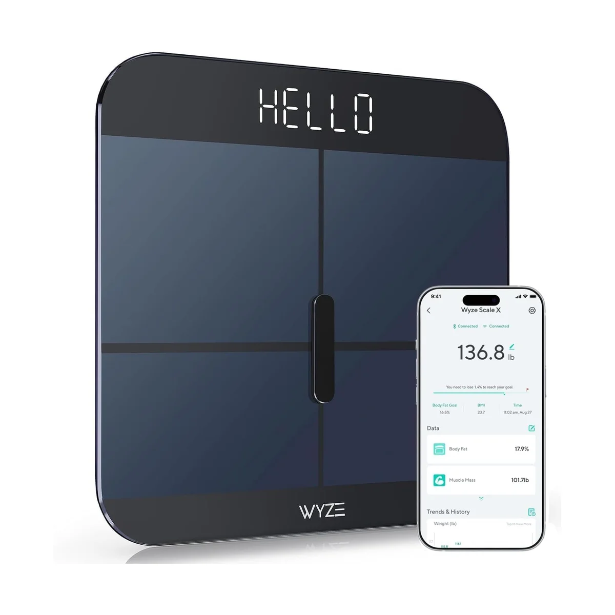 Wyze Scale X angled view with Wyze app showing body composition data on smartphone