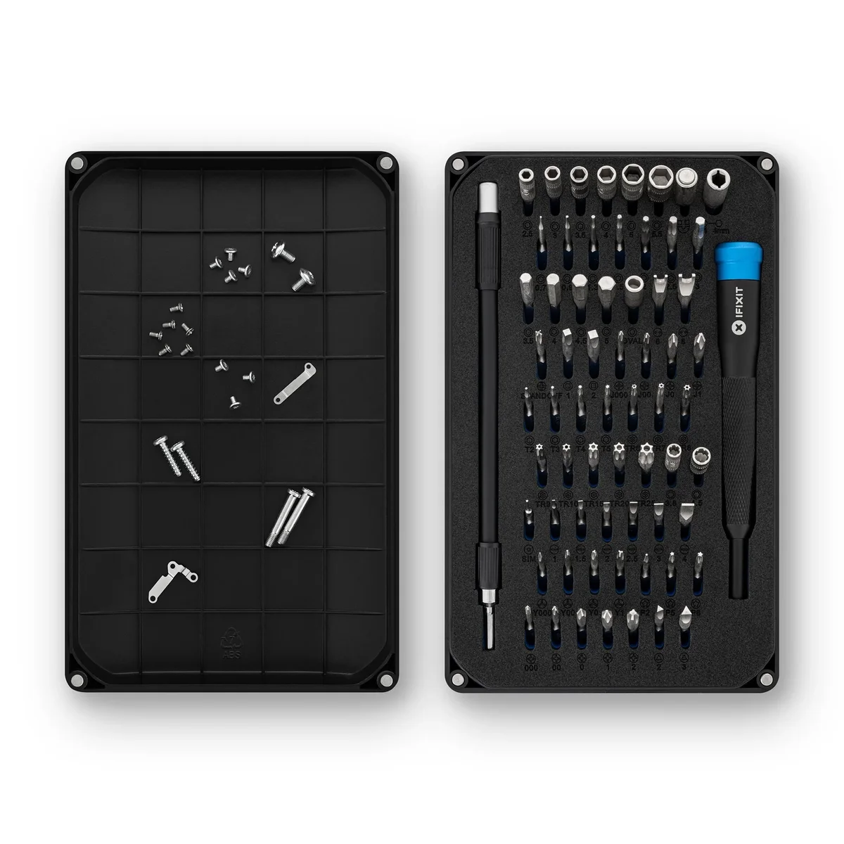 iFixit Mako Driver Kit case open top-down with screws sorted in magnetic grid lid tray