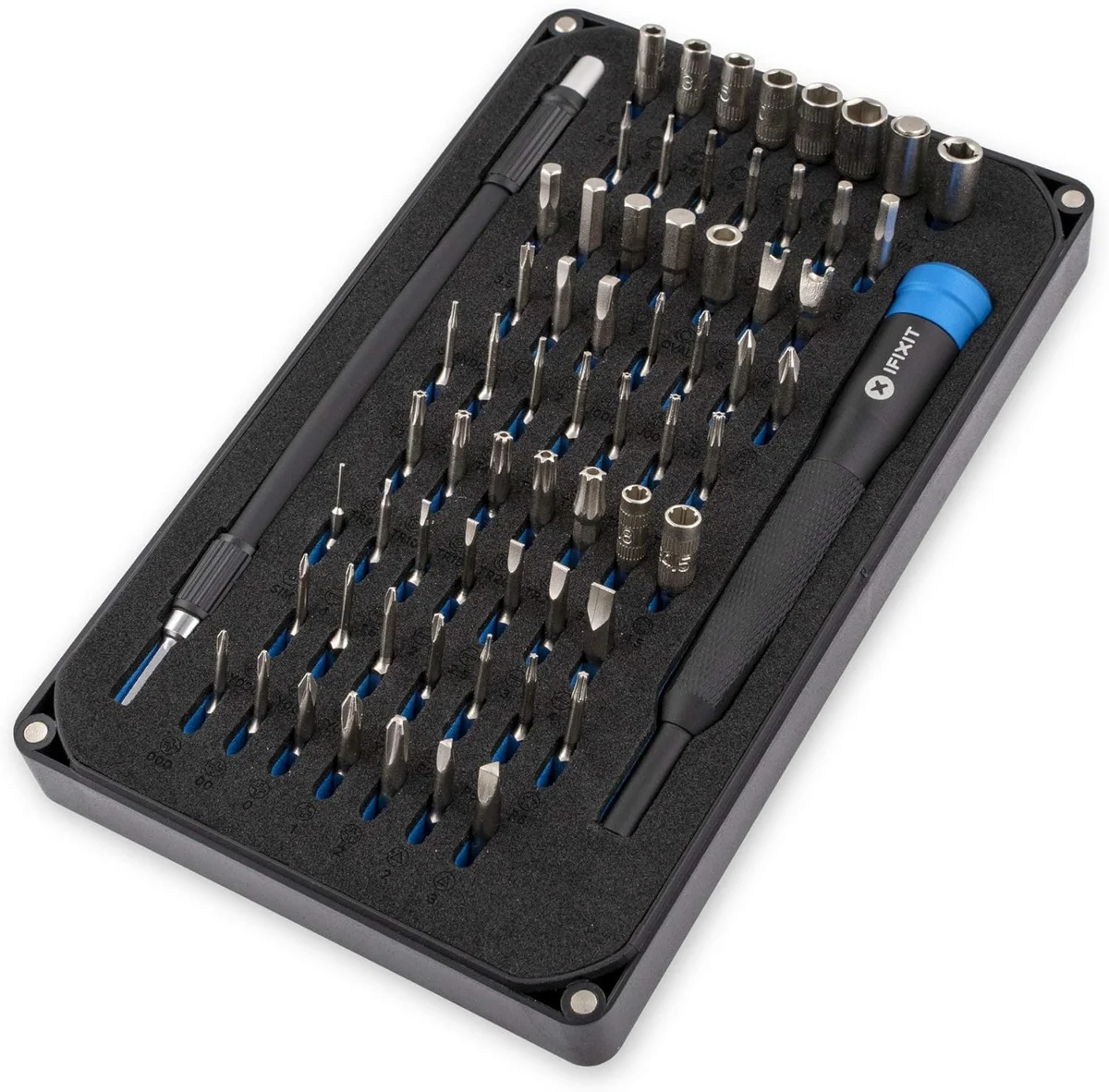 iFixit Mako Driver Kit 3/4-angle view of full bit tray with aluminum driver handle
