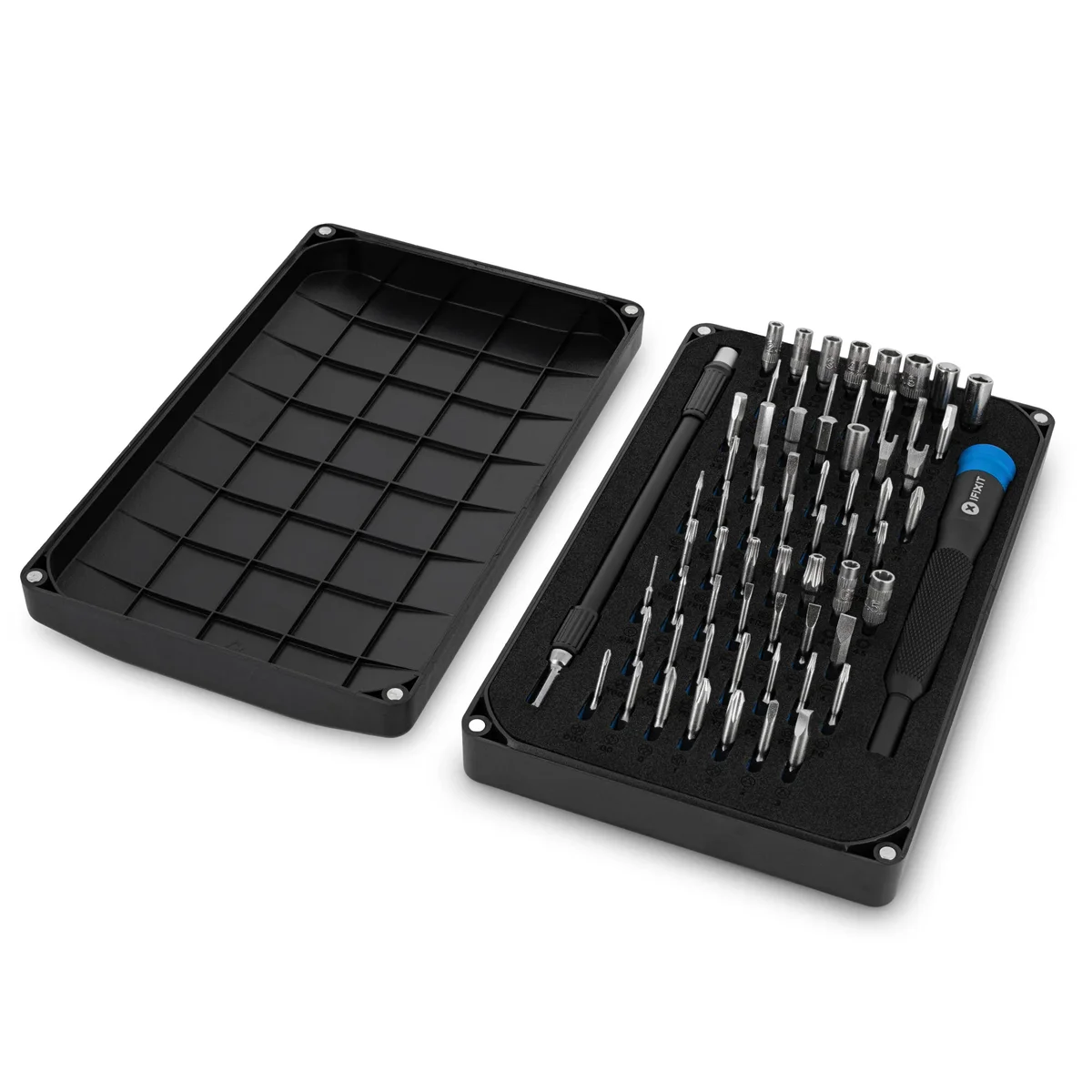 iFixit Mako Driver Kit open case showing bit tray and magnetic lid