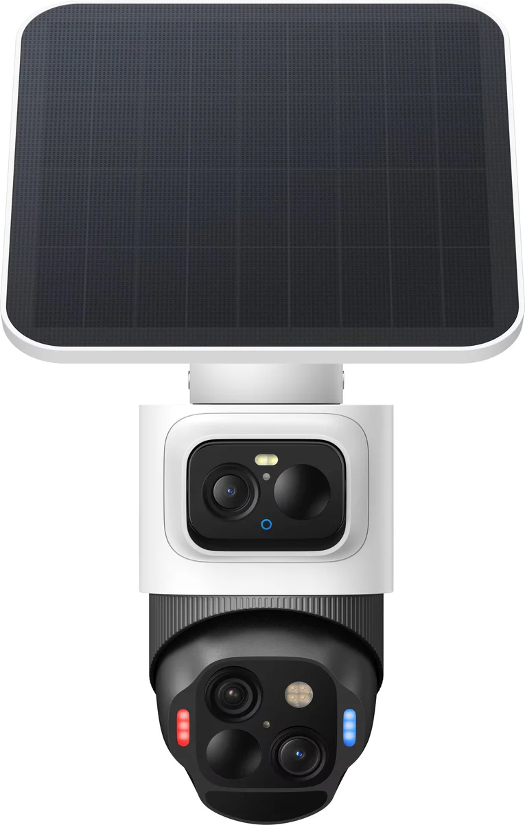eufyCam S4 straight-on front view showing the solar panel, 4K bullet lens, and 2K PTZ turret lens stacked on the mounting bracket