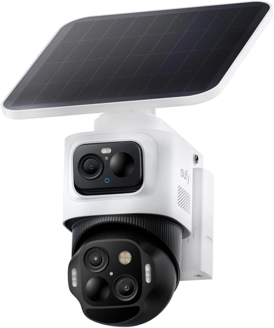 eufyCam S4 wireless security camera with detachable solar panel, showing the fixed 4K bullet lens above the rotating 2K PTZ turret camera