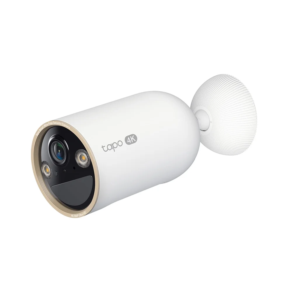 TP-Link Tapo Mag Cam 4K (C460) front 3/4 angle view showing the magnetic mount ball joint and lens ring detail