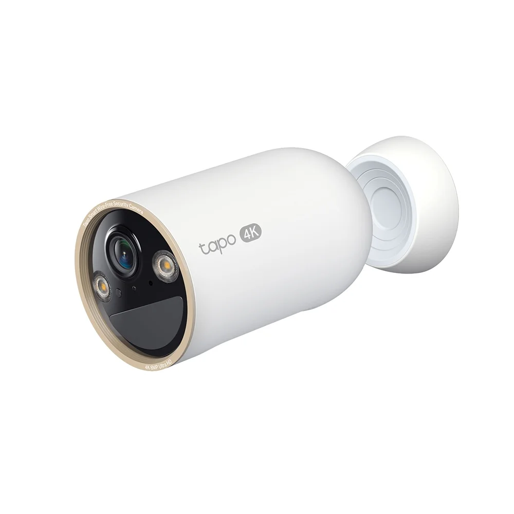 TP-Link Tapo Mag Cam 4K (C460) front 3/4 angle view showing the lens, dual spotlights, and magnetic mount base