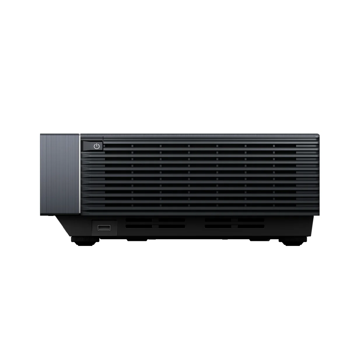 Side profile view of the Hisense PX3-Pro showing the intake vents, power button, and USB port on a white background