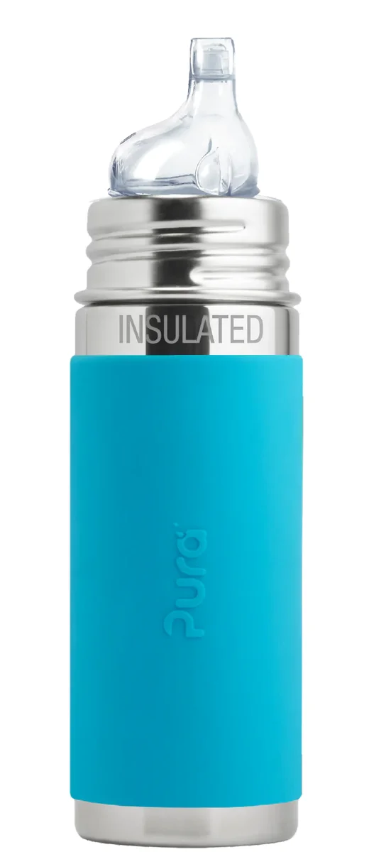 Pura Kiki 9oz Insulated Sippy Bottle with aqua silicone sleeve, front view showing stainless steel body and sippy spout