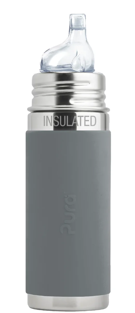 Pura Kiki 9oz Insulated Sippy Bottle with slate gray silicone sleeve, front view on white background