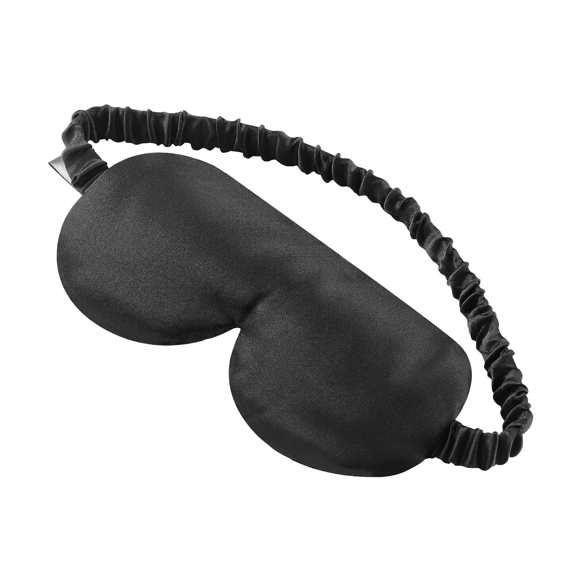 Alaska Bear Natural Silk Sleep Mask at a three-quarter angle, showing the full black silk mask and its scrunched elastic silk strap