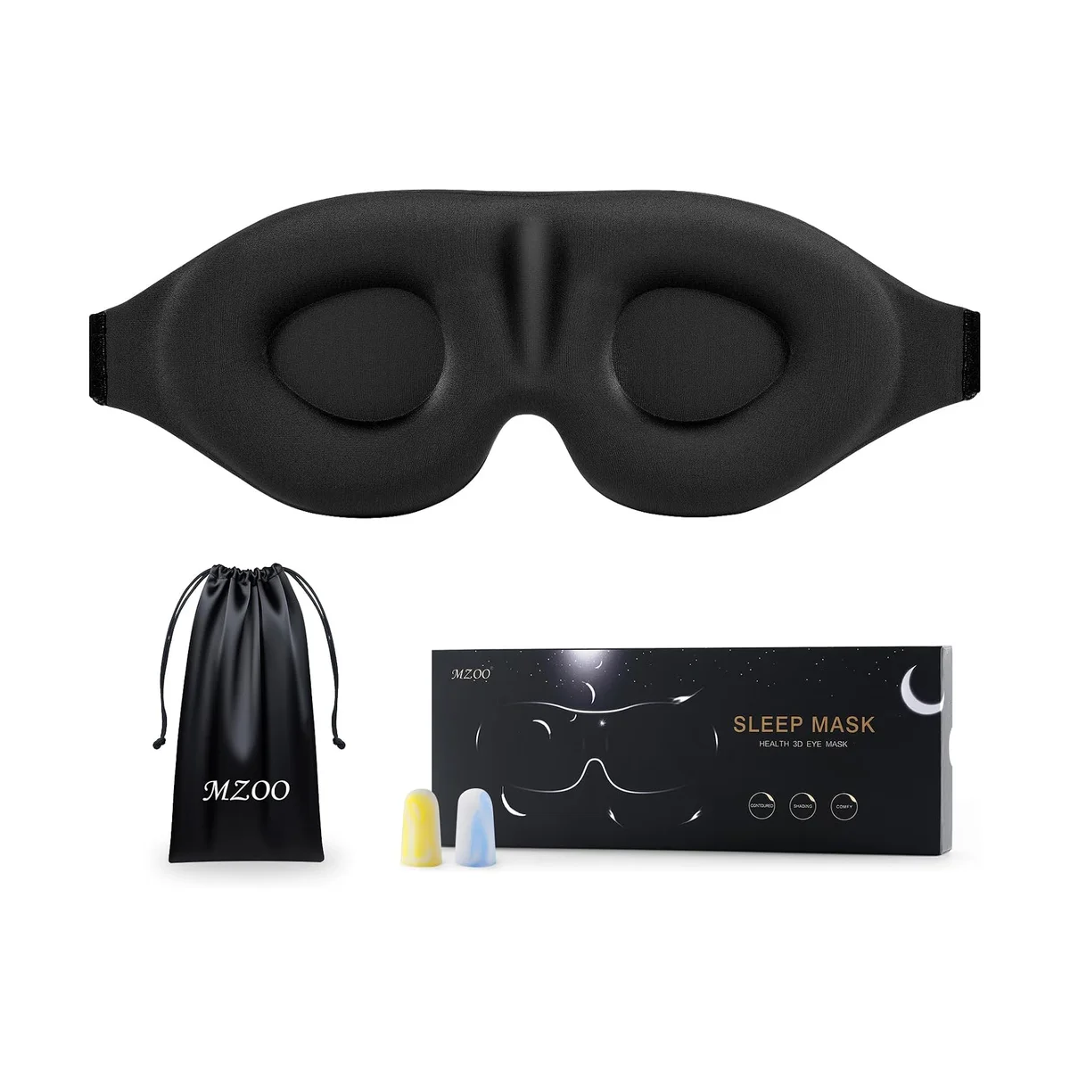 MZOO 3D Contoured Sleep Mask in black shown with drawstring carry pouch, earplugs, and retail box on a white background