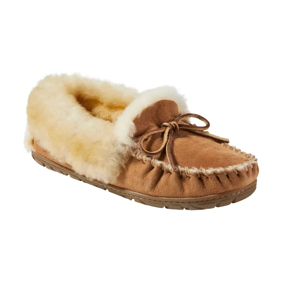 L.L.Bean Wicked Good Moccasins three-quarter front angle showing plush shearling collar and rawhide bow lacing