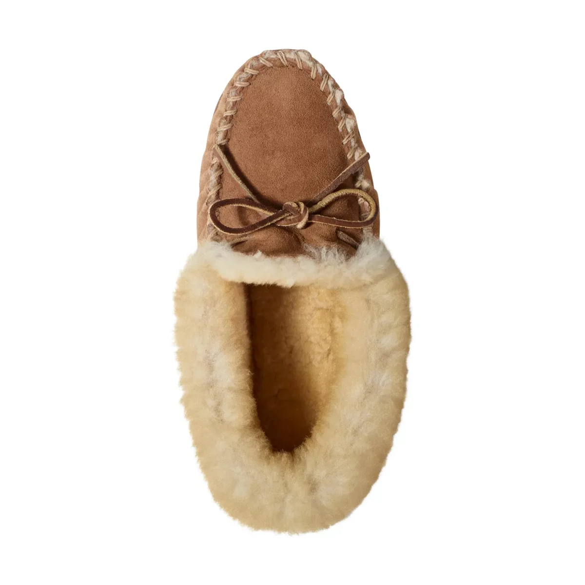 L.L.Bean Wicked Good Moccasins top-down view showing the soft shearling lining and stitched suede vamp