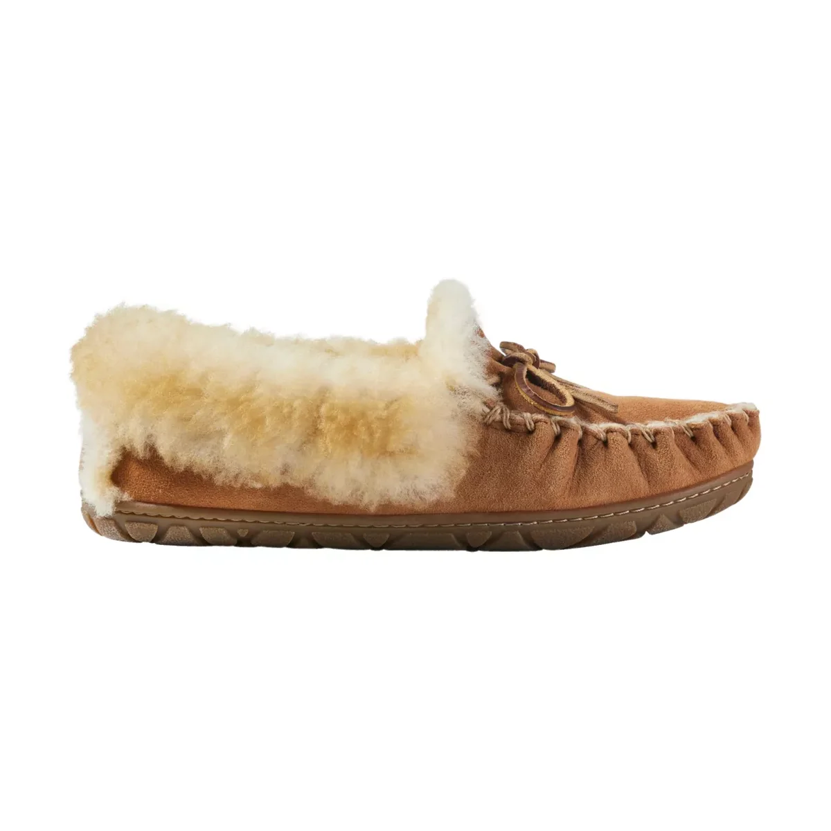 L.L.Bean Wicked Good Moccasins in tan, outer side profile showing shearling collar and suede lace tie
