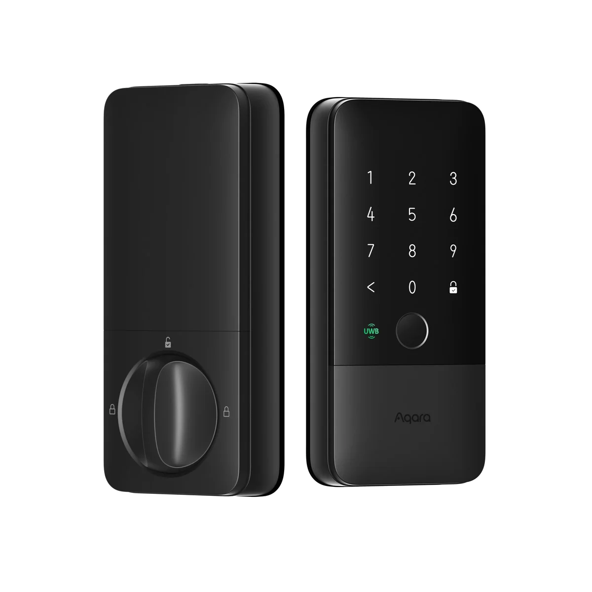 Aqara U400 smart lock in matte black, interior thumb-turn and exterior touchscreen panels side by side