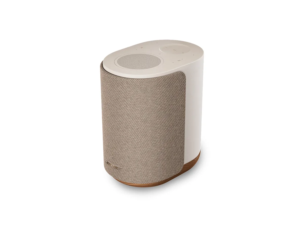 Bose Lifestyle Ultra Smart Speaker three-quarter angle view in Driftwood Sand with wood-accent base