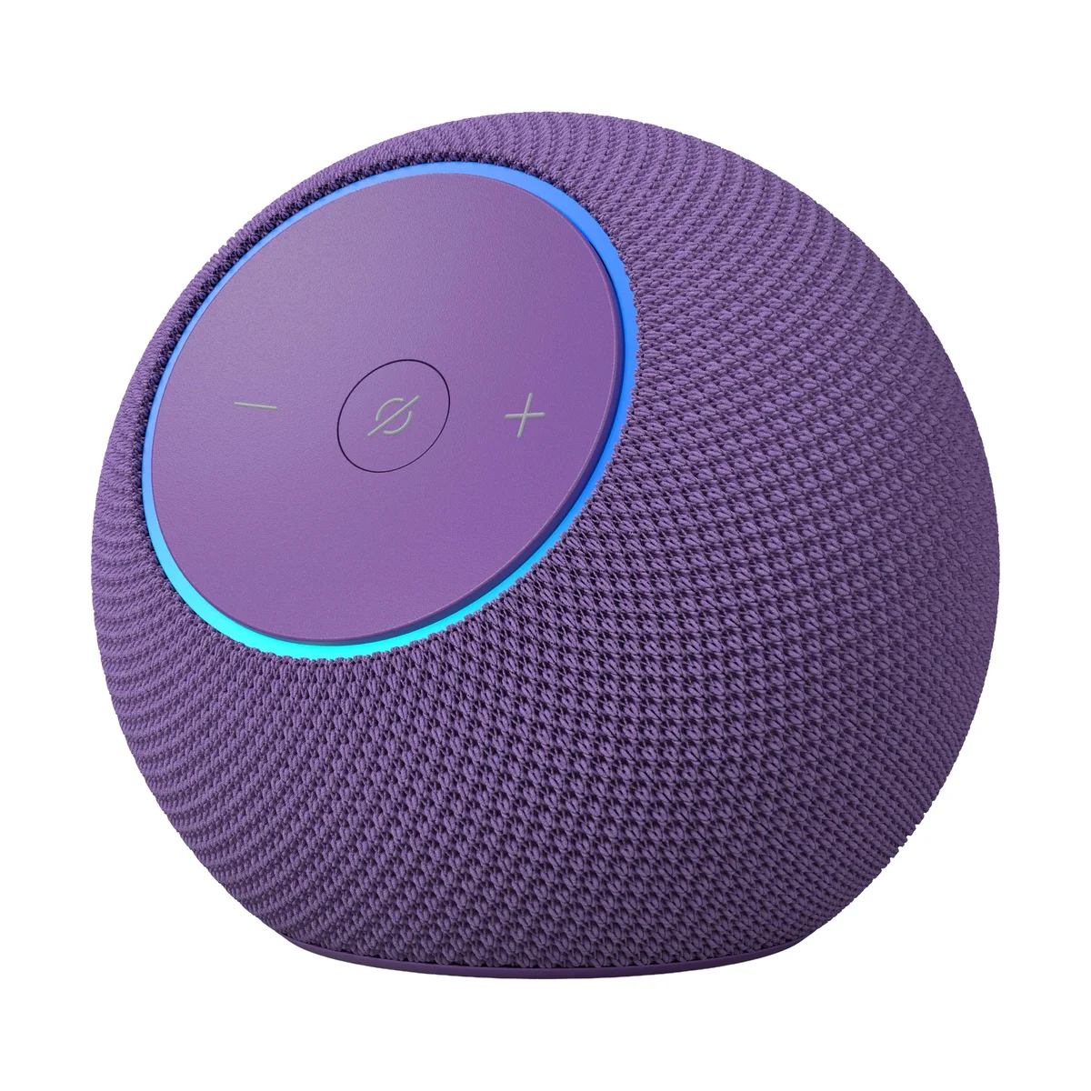 Amazon Echo Dot Max in Amethyst, 3/4 front view showing the spherical fabric mesh body and top control panel