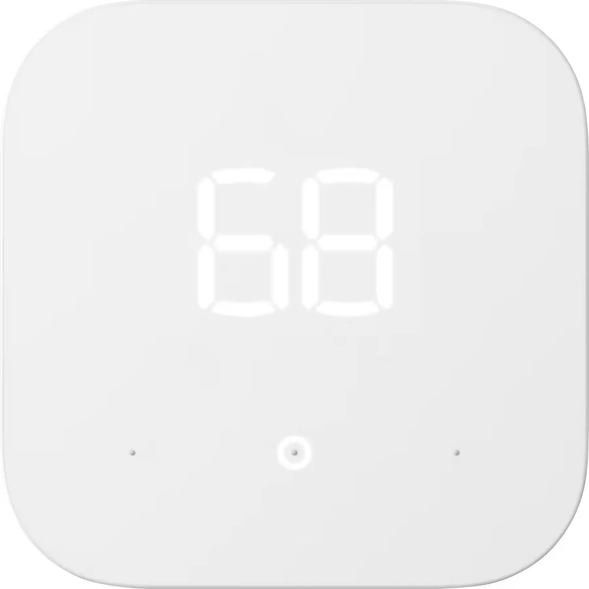 Amazon Smart Thermostat straight-on front view on a white background showing the illuminated 68-degree display