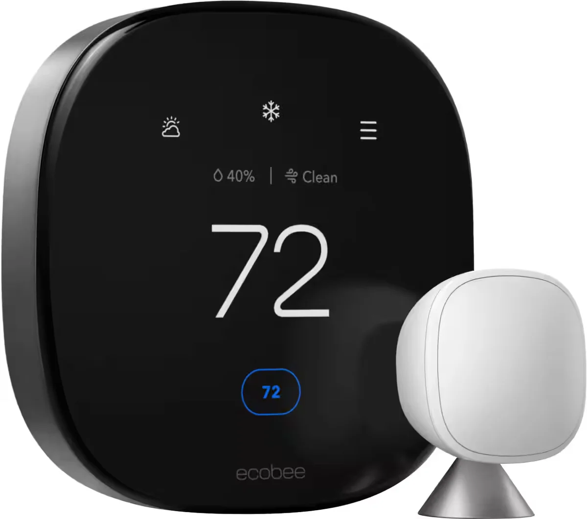 Ecobee Smart Thermostat Premium wall-mounted thermostat with included SmartSensor, front view showing the 4-inch color touchscreen display