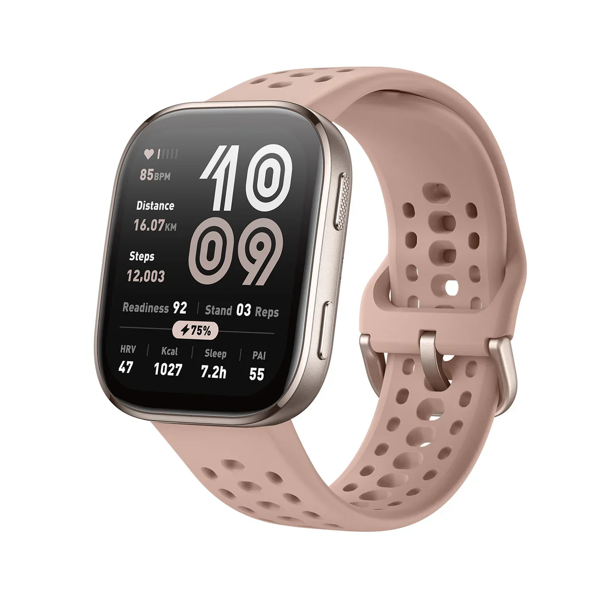 Amazfit Bip 6 in blush pink with gold-tone case, front view of the home screen and band texture