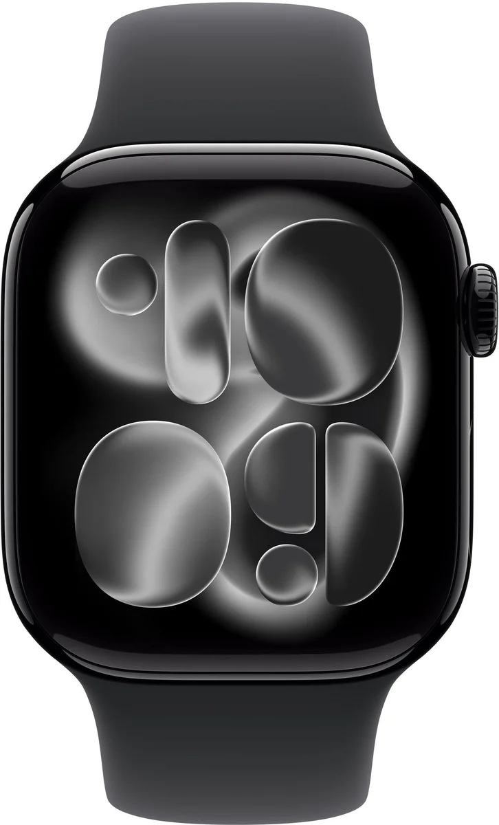 Apple Watch Series 11 in Jet Black aluminum, top-down view showing the full case, Digital Crown, and side button on a white background