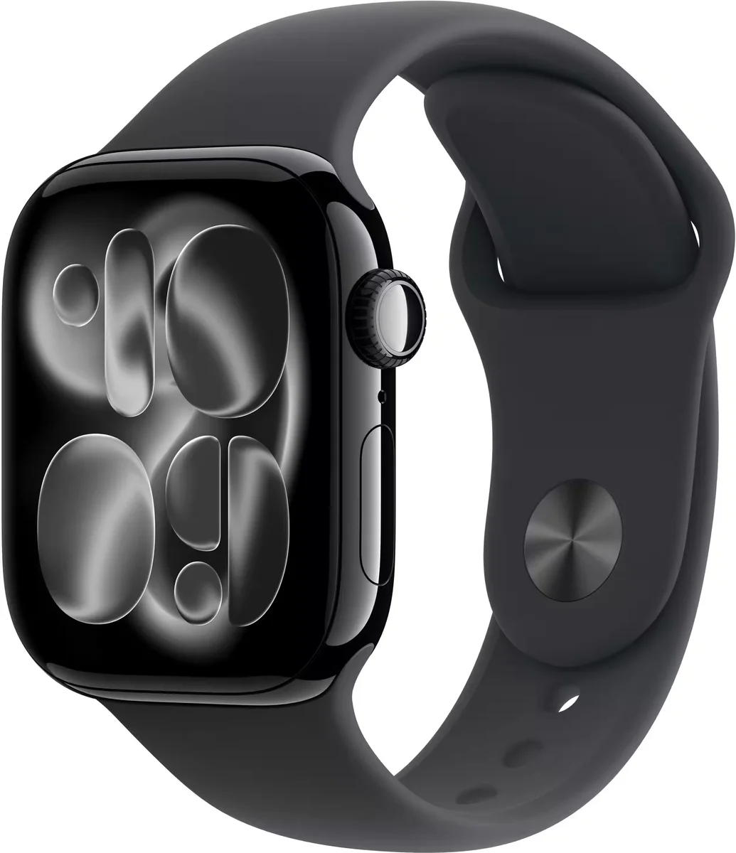 Apple Watch Series 11 in Jet Black aluminum with black Sport Band, full 3/4 studio view on a white background