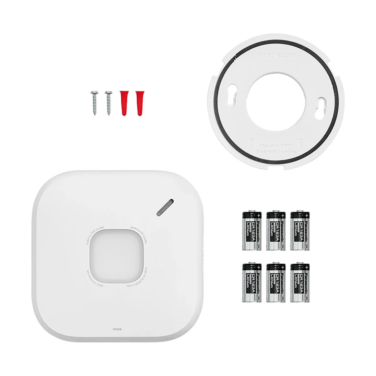 First Alert SC5 in the box: alarm, ceiling mounting ring, six CR123A batteries, screws and anchors