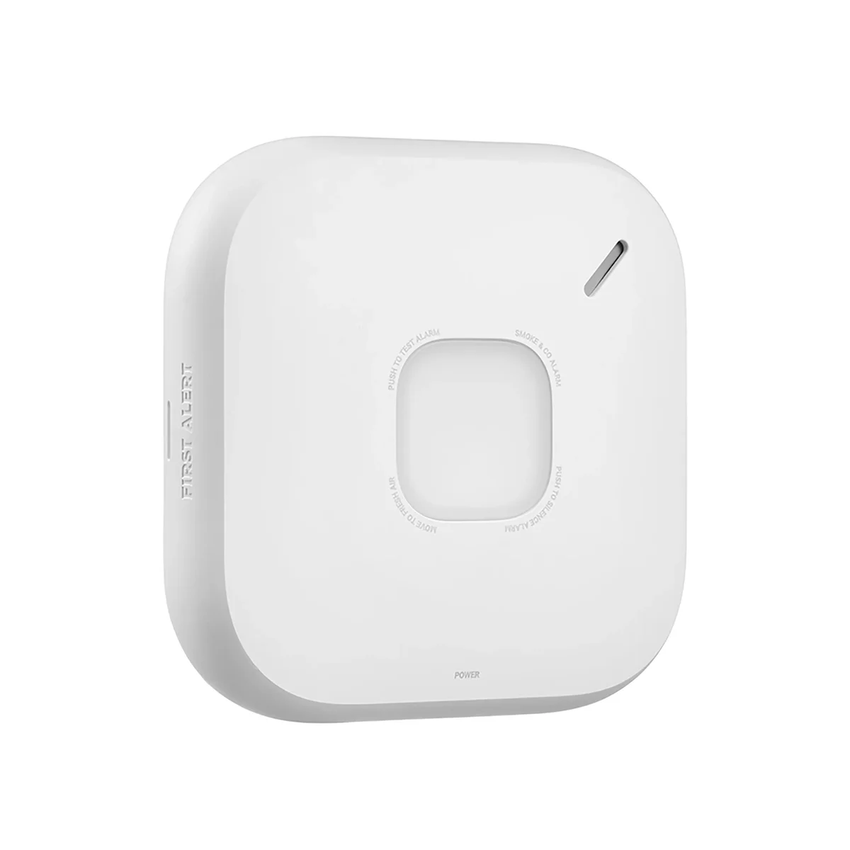 First Alert SC5 smoke and carbon monoxide alarm, 3/4 angled front view showing the test button and status light