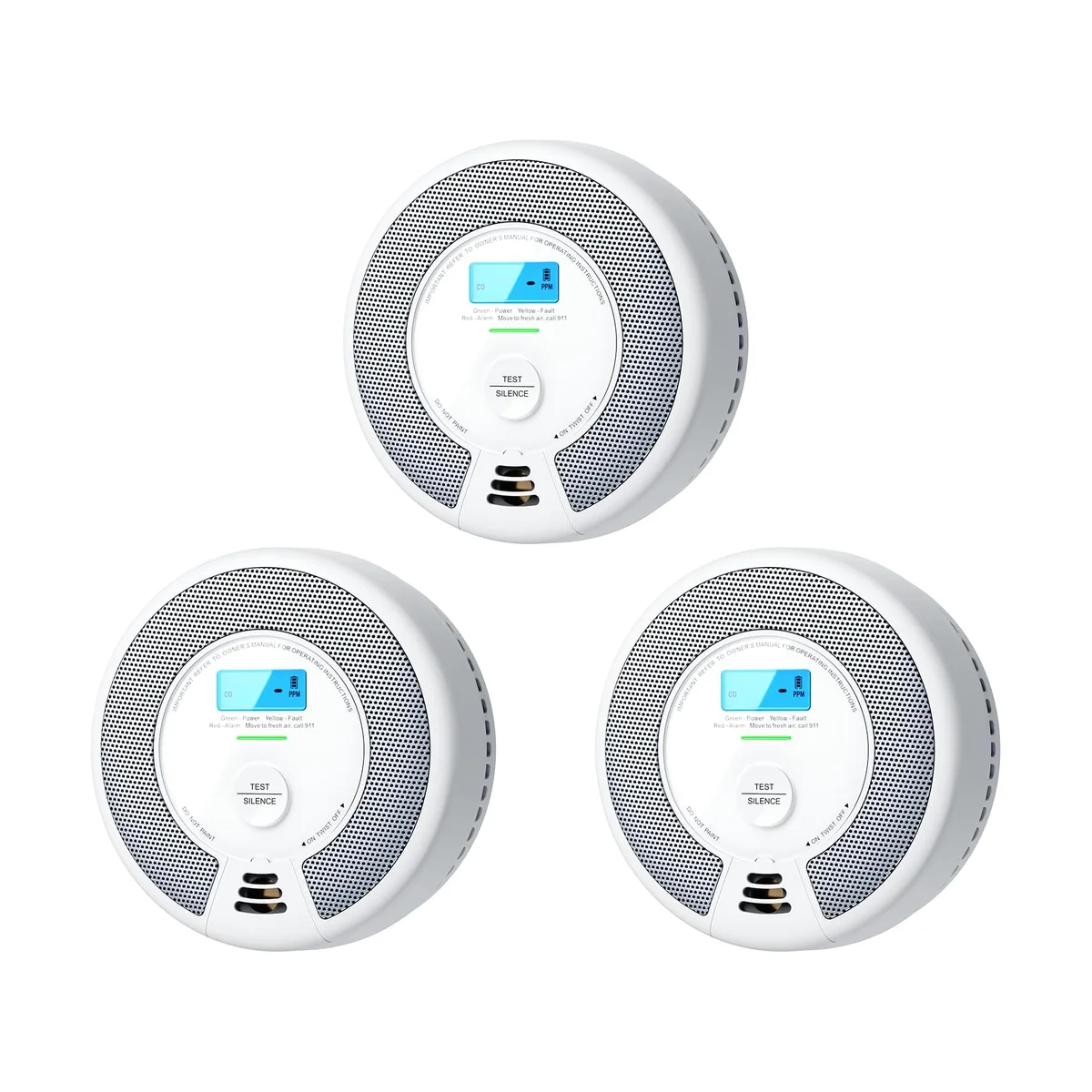 Three X-Sense SC07 smoke and CO alarms shown together, each with backlit LCD CO reading