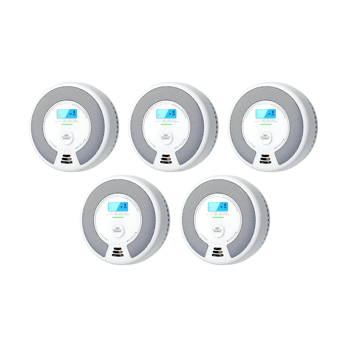 Five X-Sense SC07 combination alarms arranged in a group, showing the round white units and LCD screens