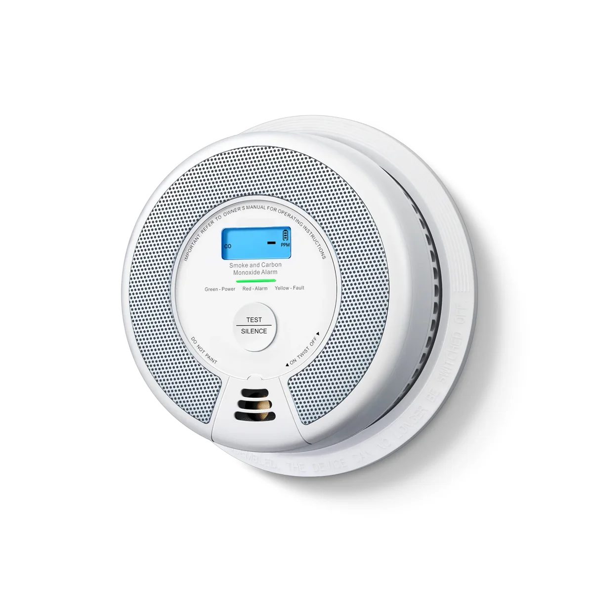 X-Sense SC07 smoke and carbon monoxide alarm 3/4 front view with backlit CO PPM LCD screen