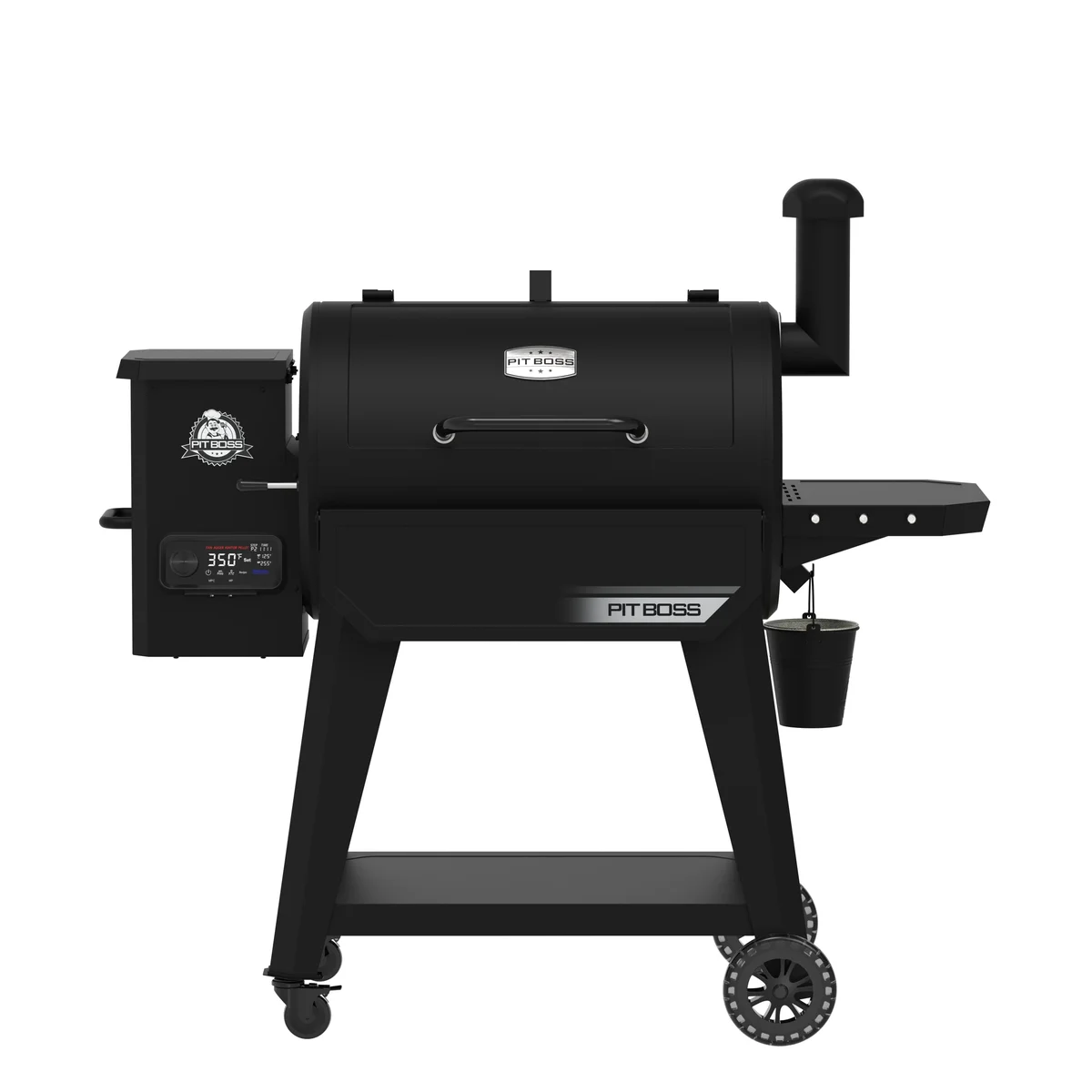Pit Boss 850 DX Wood Pellet Grill, black cabinet-style pellet smoker on locking casters, front three-quarter studio shot