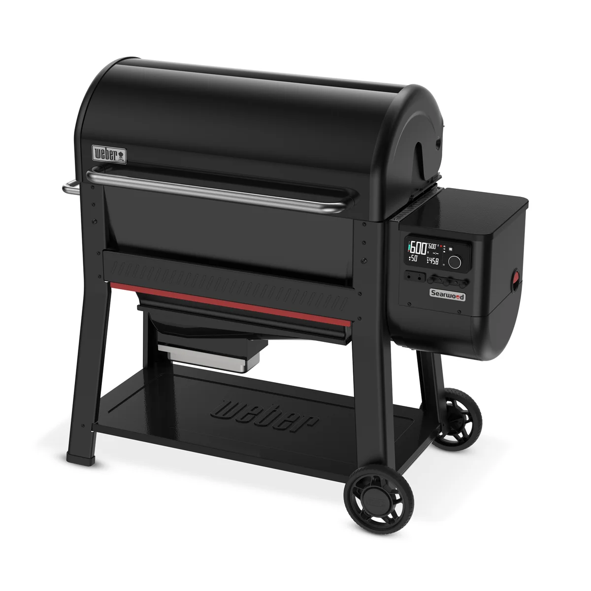 Weber Searwood XL 600 pellet grill in black, 3/4 angle view showing hopper, digital control panel, and wheeled cart base