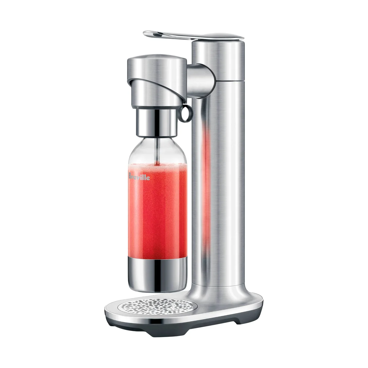 Breville InFizz Fusion brushed stainless soda maker front view with red sparkling drink in bottle