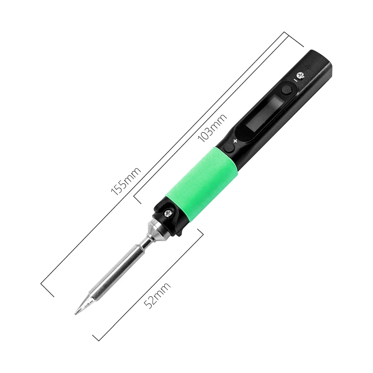 Pinecil V2 handpiece showing the monochrome OLED screen and control buttons
