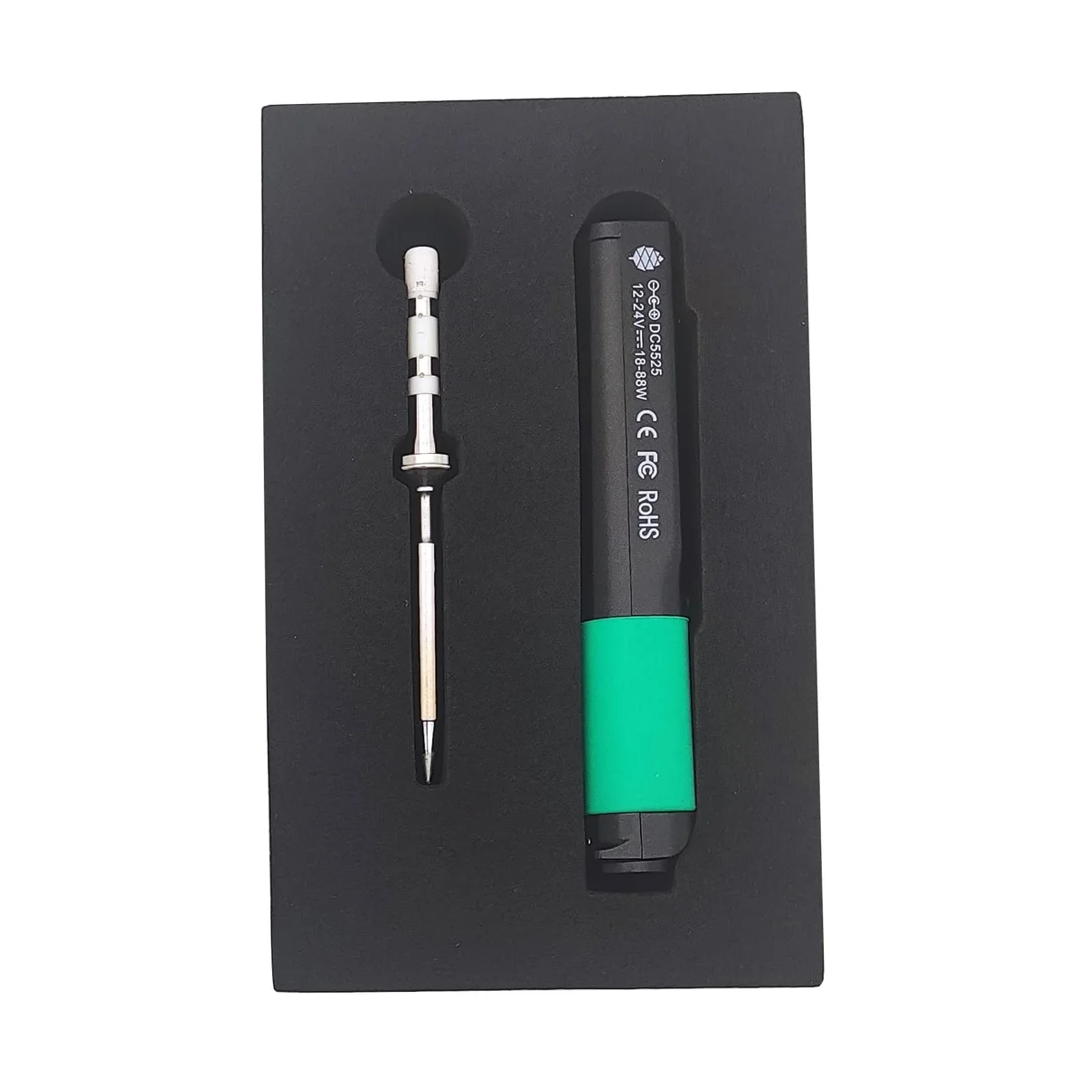 Pinecil V2 handpiece and a spare soldering tip in the foam packaging tray