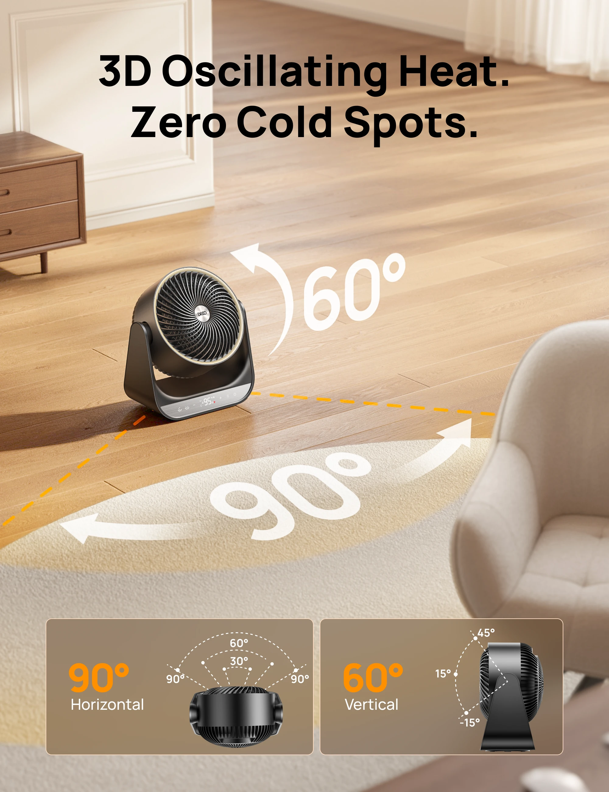Dreo 714 Whole Room Heater lifestyle shot showing in-room heating angle