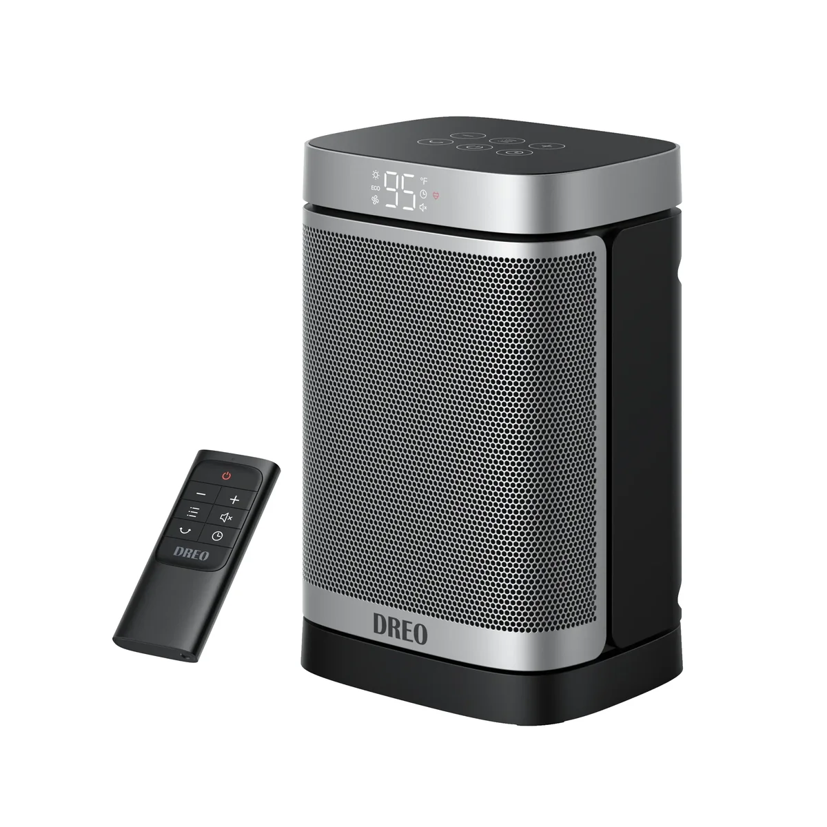 Dreo Atom One space heater silver 3/4 angle view with remote control on white background