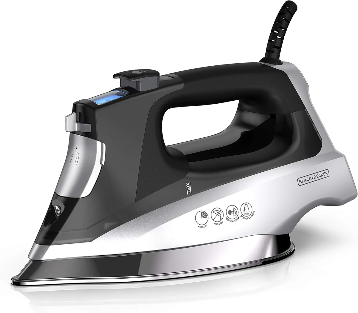 BLACK+DECKER Allure D3030 iron front angle showing digital display and soleplate feature icons